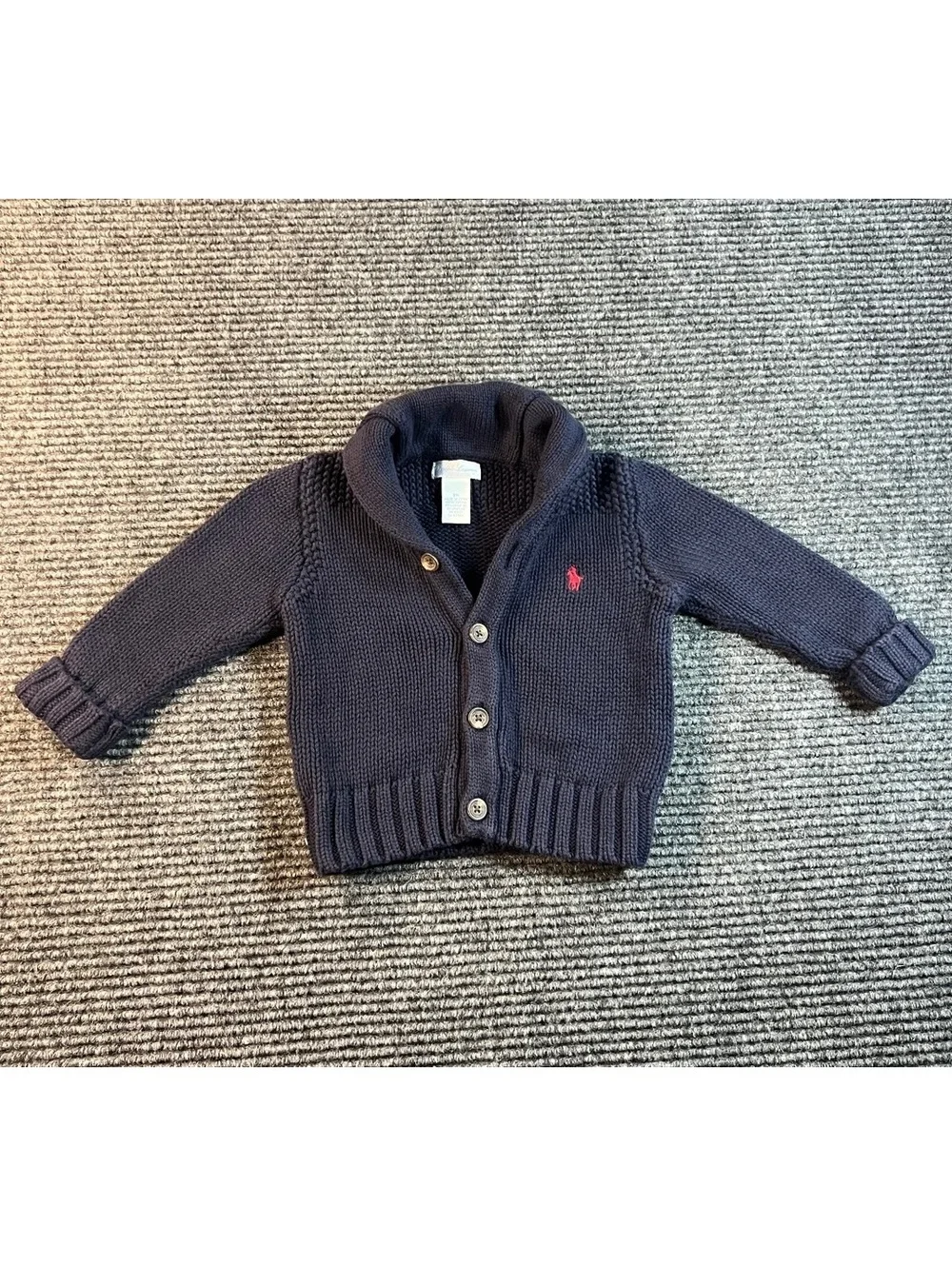 Ralph Lauren Baby Boys Navy Blue V Neck Combed Cotton Knit Cardigan Sweater 9M